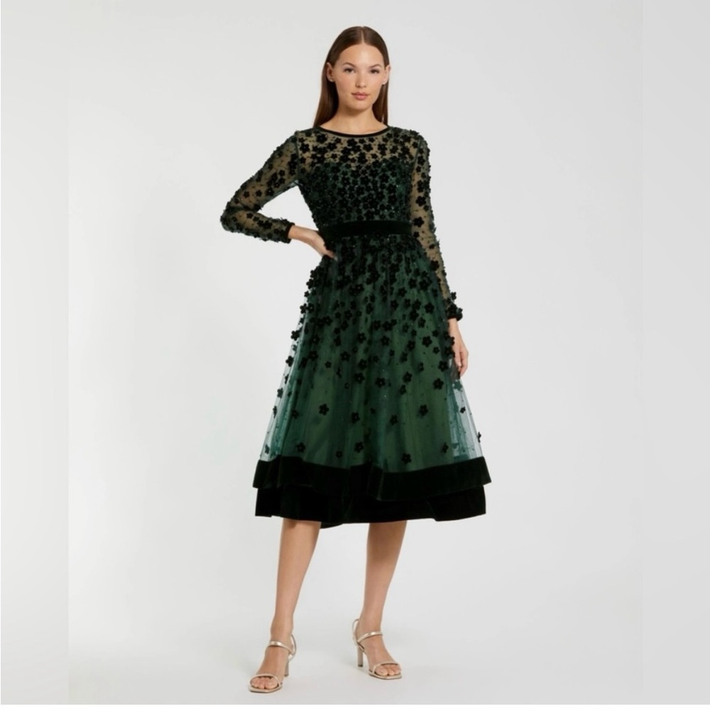 Mac Duggal Emerald Green Floral Embellished Fit and Flare Dress